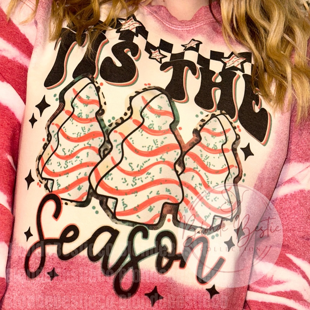 It’s The Season Christmas Crewneck Sweater Bleached Christmas Tree Cakes Xmas